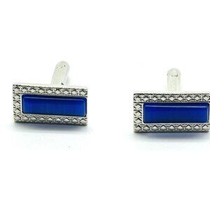 Blue Bead Rectangle Cufflinks Silver Tone Classic Career Dressy Formal Party